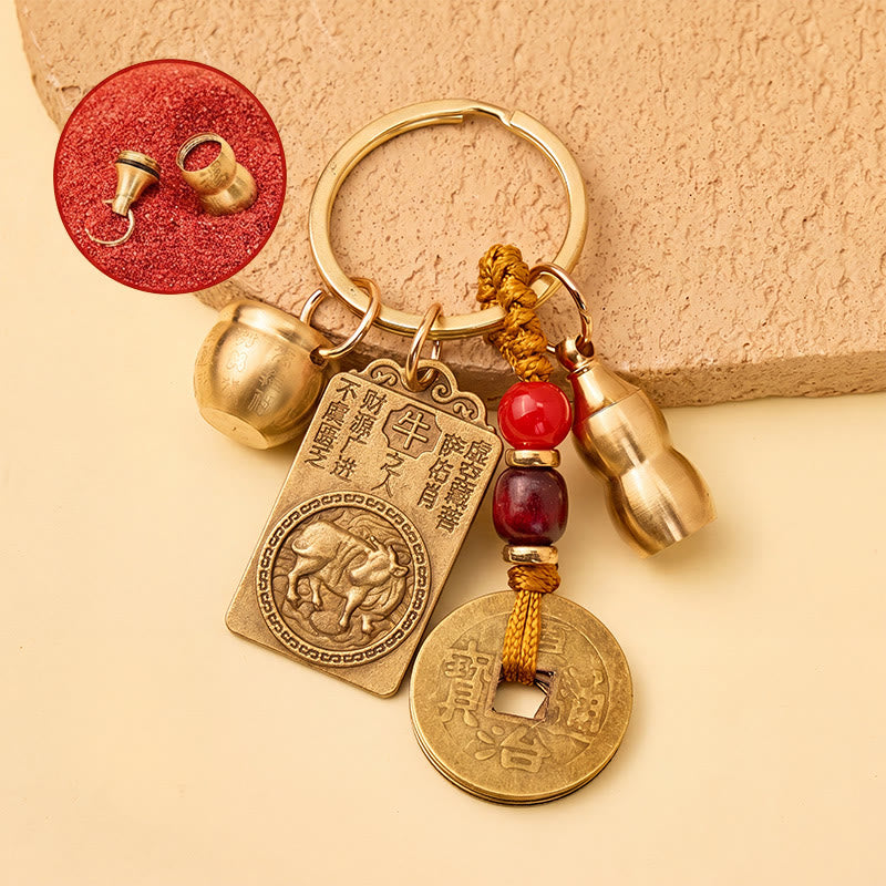 FuAttract Brass Chinese Zodiac Hundred Blessings Jar Guardian Buddha Five Emperor Coins Calabash Keychain - Ox - image 10
