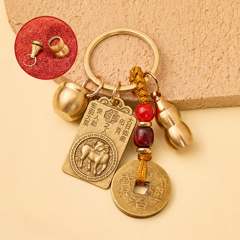 FuAttract Brass Chinese Zodiac Hundred Blessings Jar Guardian Buddha Five Emperor Coins Calabash Keychain - Goat - image 20