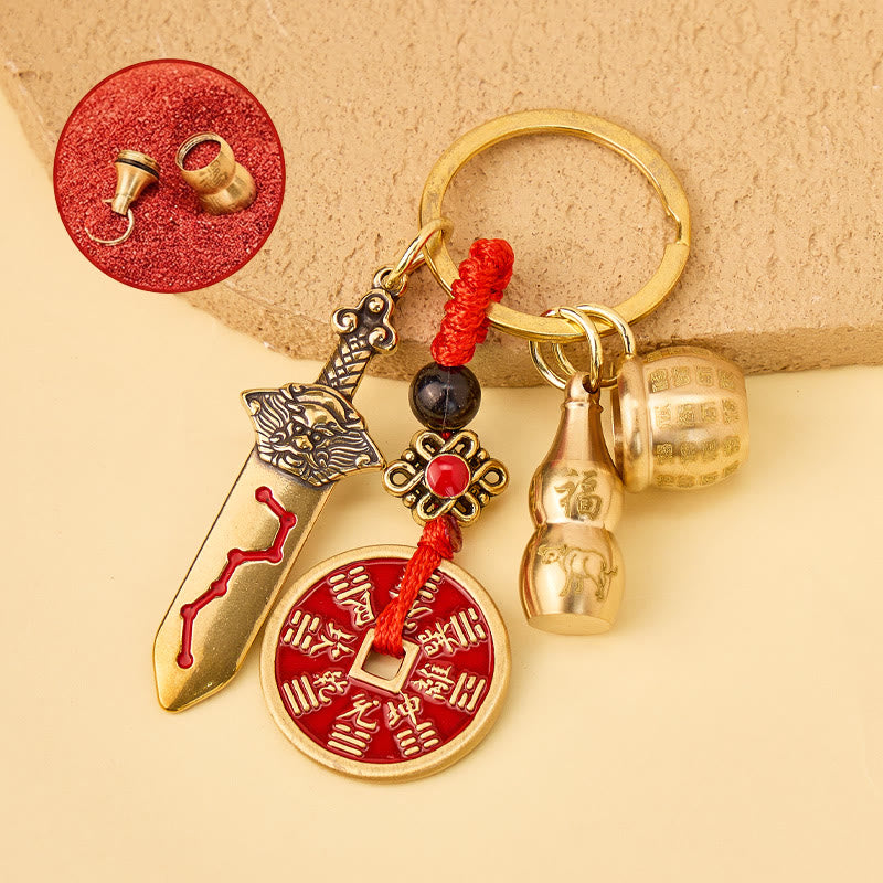 FuAttract Protection & Wealth Brass Chinese Zodiac Calabash Seven Star Sword Lucky Keychain - Ox - image 0