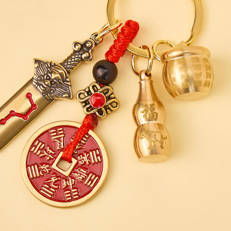 FuAttract Protection & Wealth Brass Chinese Zodiac Calabash Seven Star Sword Lucky Keychain - image 1
