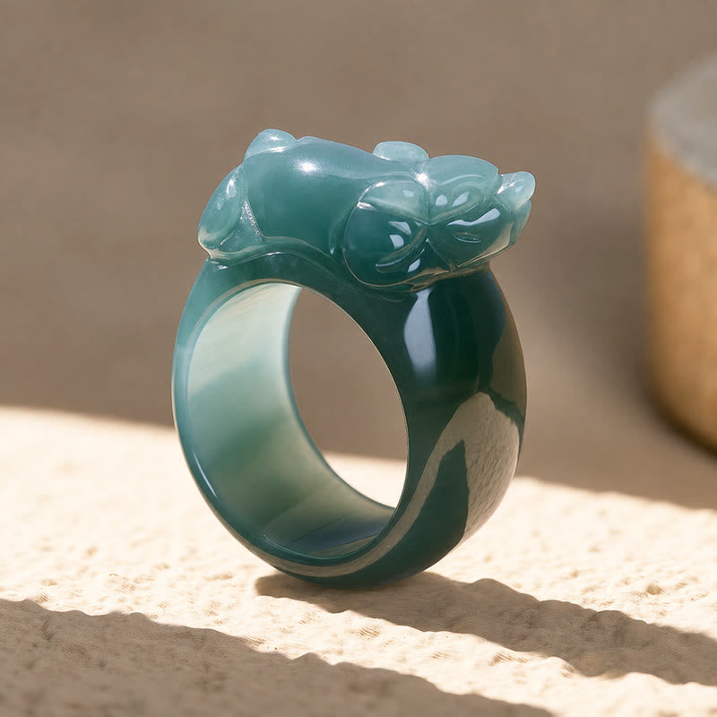 FuAttract Prosperity Protection & Harmony Natural Blue Jadeite Carved Pixiu Ring - image 2