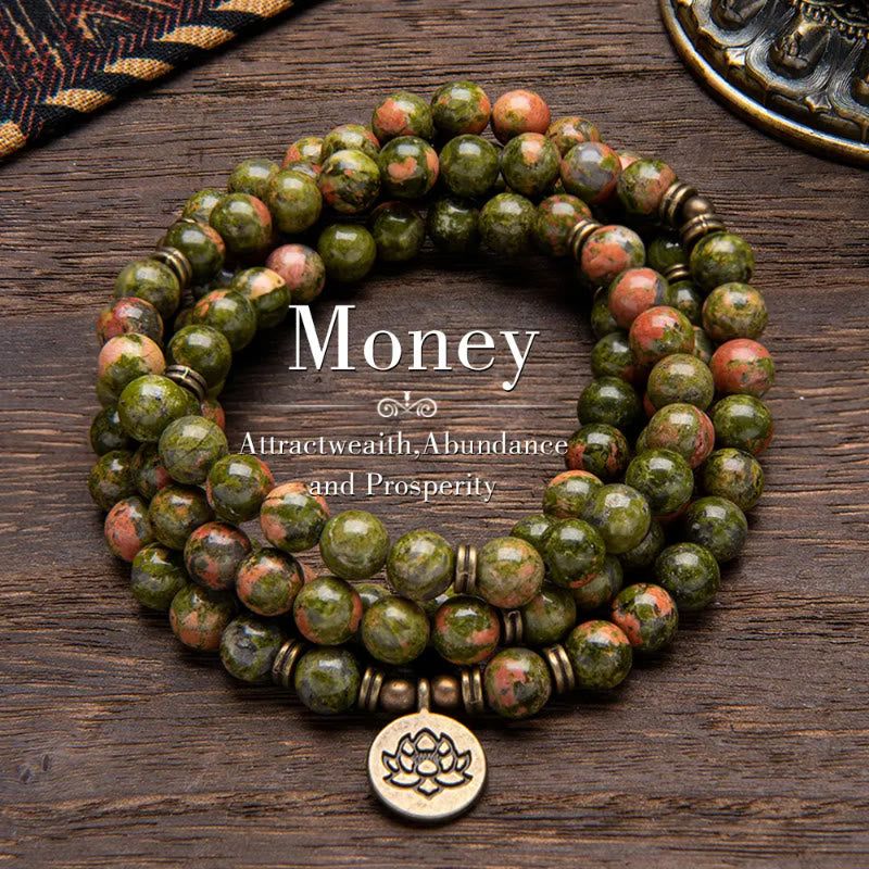 FuAttract Clarity & Good Fortune 108 Unakite Mala Beads Bracelet Necklace With Lotus Pendant - 8mm - image 0