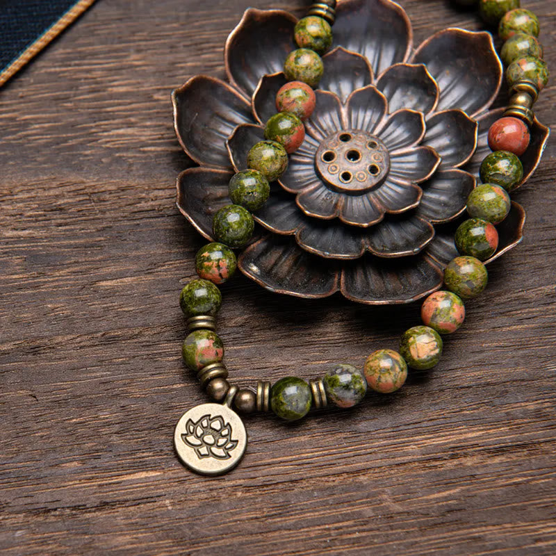 FuAttract Clarity & Good Fortune 108 Unakite Mala Beads Bracelet Necklace With Lotus Pendant - image 5