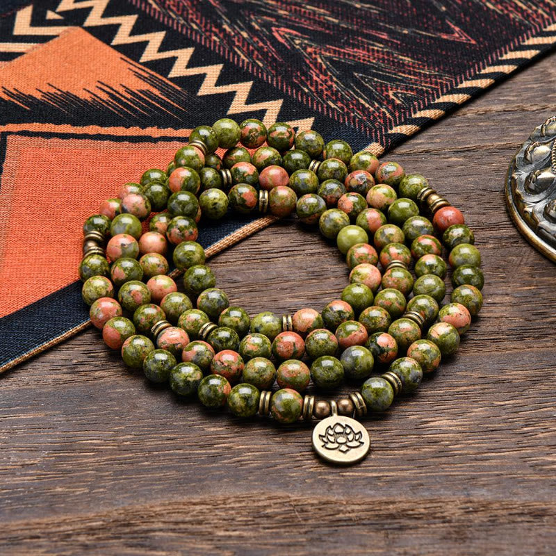 FuAttract Clarity & Good Fortune 108 Unakite Mala Beads Bracelet Necklace With Lotus Pendant - image 1