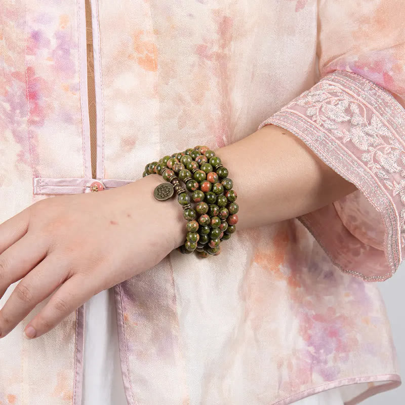 FuAttract Clarity & Good Fortune 108 Unakite Mala Beads Bracelet Necklace With Lotus Pendant - image 2