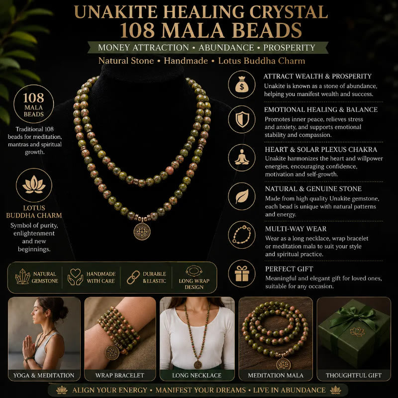 FuAttract Clarity & Good Fortune 108 Unakite Mala Beads Bracelet Necklace With Lotus Pendant - image 7