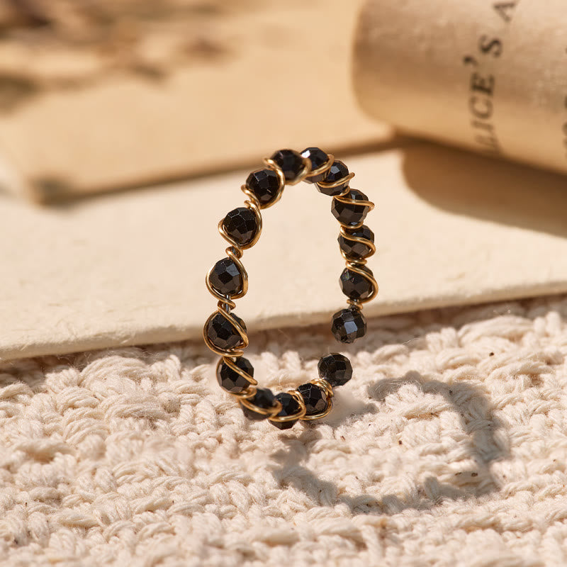 FuAttract Inner Peace & Blessing Gold Wire Wrapped Round Labradorite Bead Ring - Faceted Black Spinel - image 21