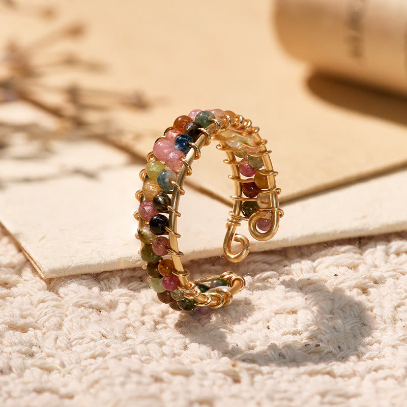 FuAttract Inner Peace & Blessing Gold Wire Wrapped Round Labradorite Bead Ring - Double Row Multicolor Tourmaline - image 27
