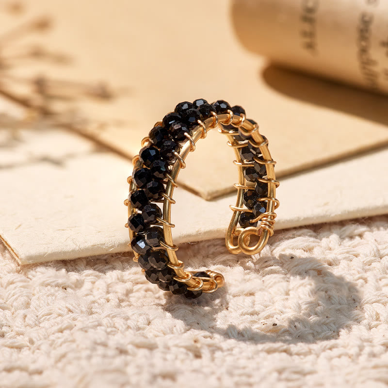 FuAttract Inner Peace & Blessing Gold Wire Wrapped Round Labradorite Bead Ring - Double Row Black Spinel - image 28