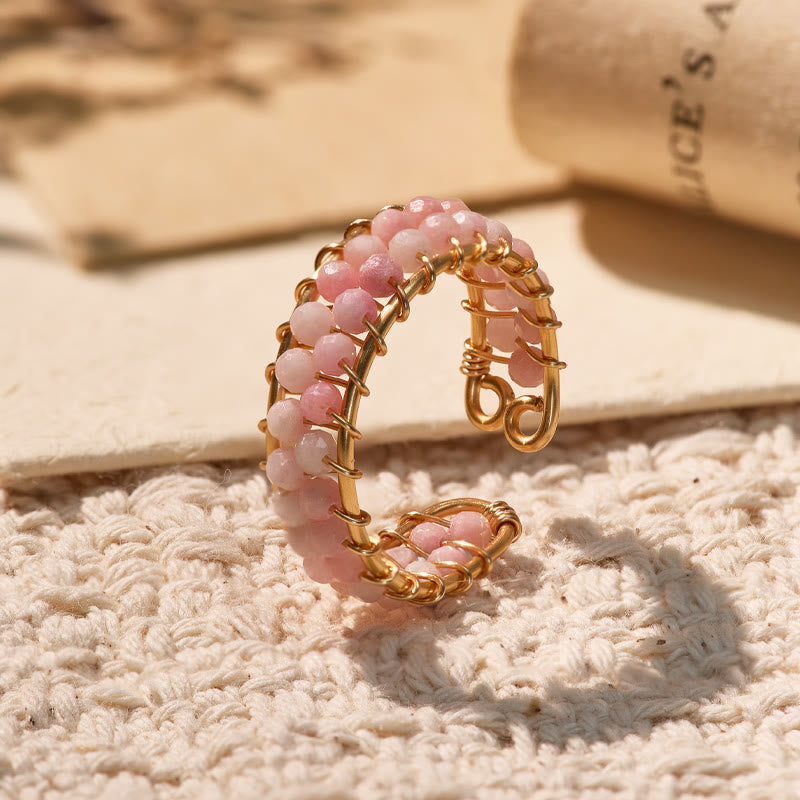 FuAttract Inner Peace & Blessing Gold Wire Wrapped Round Labradorite Bead Ring - Double Row Pink Opal - image 31