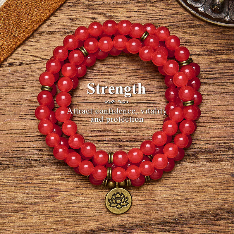 FuAttract Protection & Good Fortune 108 Red Agate Mala Beads Bracelet Necklace With Lotus Pendant - 8mm - image 0