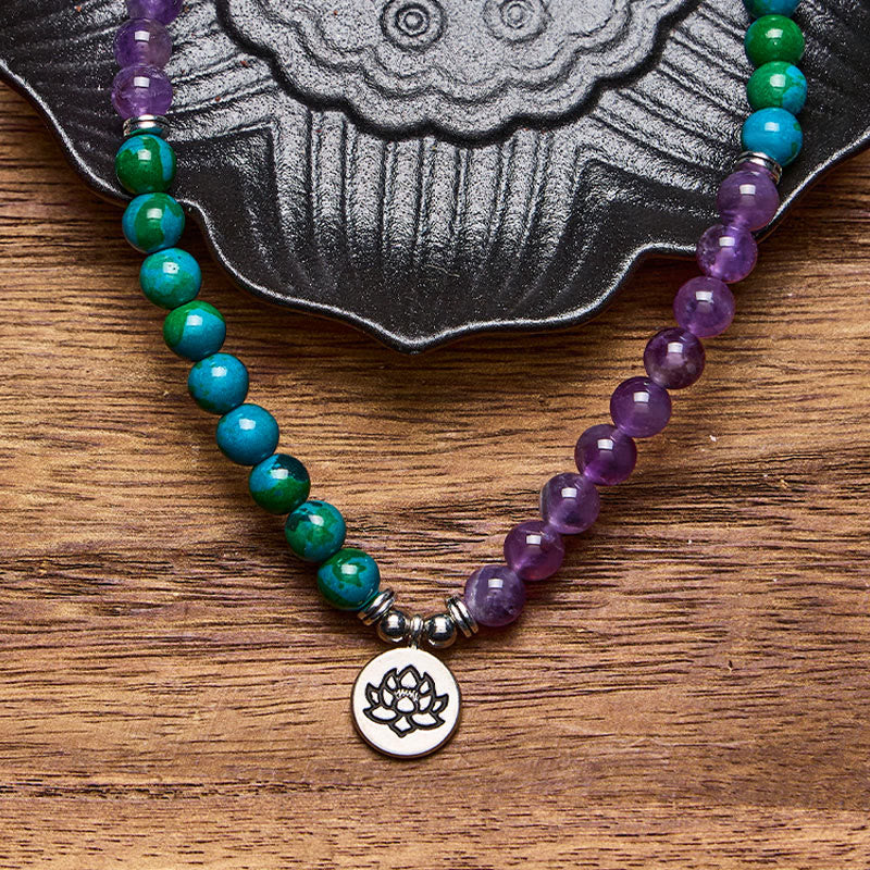 FuAttract Wisdom & Protection 108 Amethyst Chrysocolla Mala Beads Bracelet Necklace With Silver Lotus Pendant - image 3
