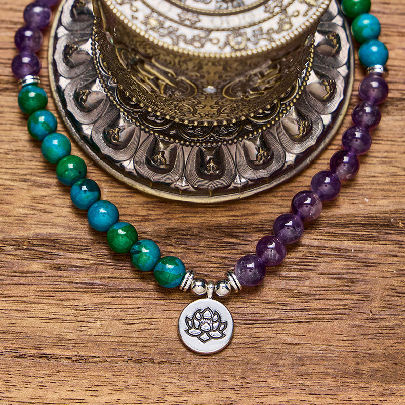 FuAttract Wisdom & Protection 108 Amethyst Chrysocolla Mala Beads Bracelet Necklace With Silver Lotus Pendant - image 4