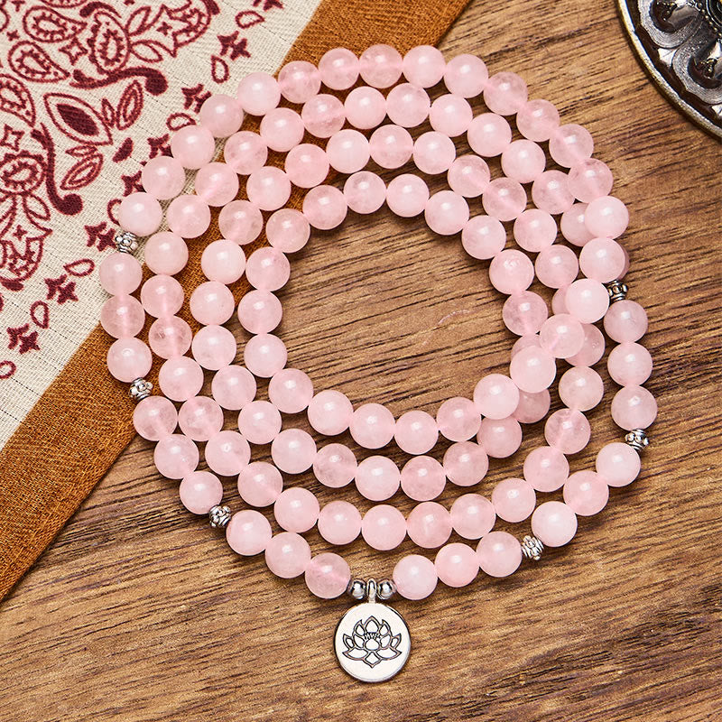 FuAttract Love & Harmony 108 Rose Quartz Silver Lotus Pendant Mala Beads Bracelet Necklace - image 2