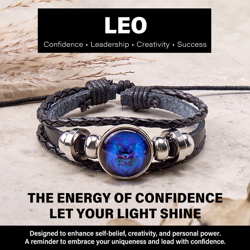 FuAttract Confidence Leadership & Strength Leo Zodiac Blue Glaze Charm Vintage Leather Bracelet - Leo - image 0