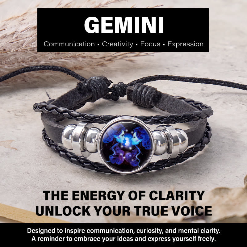 FuAttract Creativity Communication & Flexibility Gemini Zodiac Blue Glaze Charm Vintage Leather Bracelet - Gemini - image 0