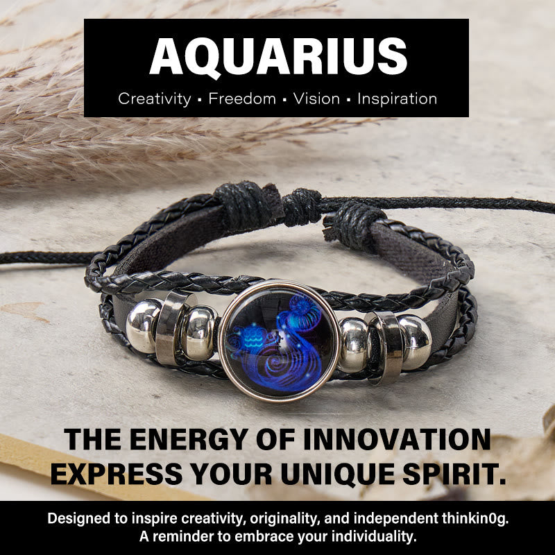 FuAttract Creativity Freedom & Personal Energy Blue Glaze Aquarius Zodiac Charm Leather Bracelet - Aquarius - image 0