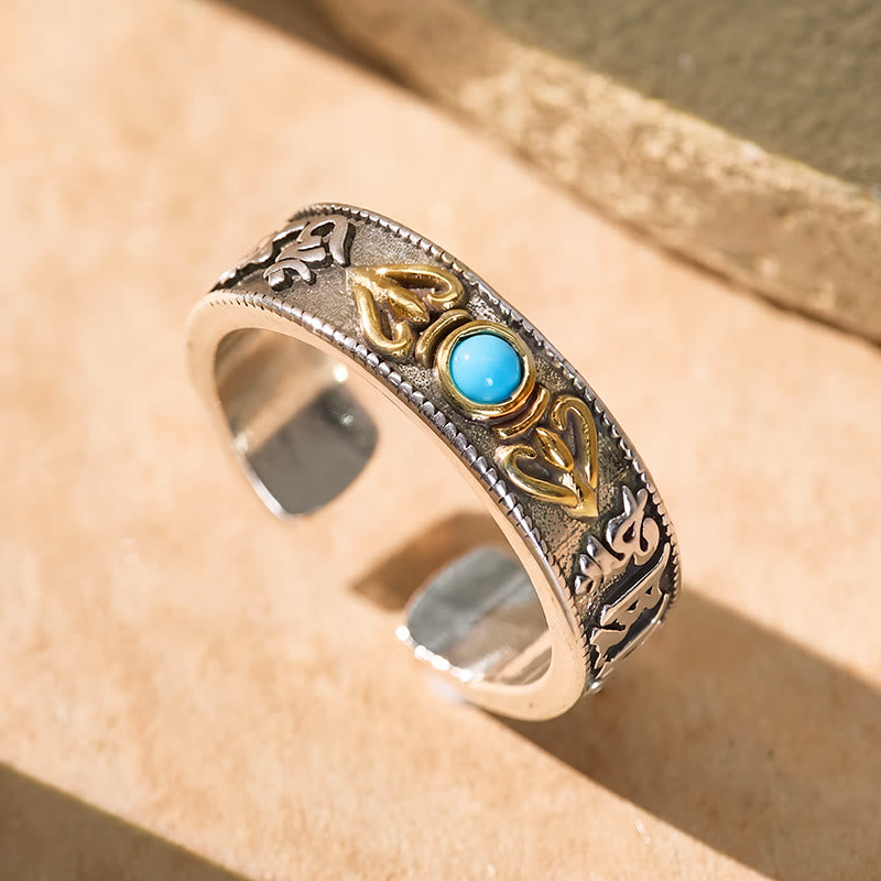 FuAttract Protection Wisdom & Spiritual Harmony Turquoise Bead Vajra Pestle Om Mani Mantra Open Ring - Adjustable - image 0