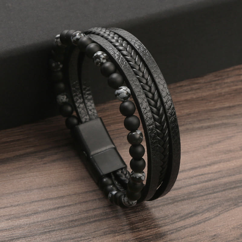 FuAttract Protection Clarity & Wisdom Lapis Lazuli Black Obsidian Braided Leather Bracelet - Black 2 - 23cm - image 9