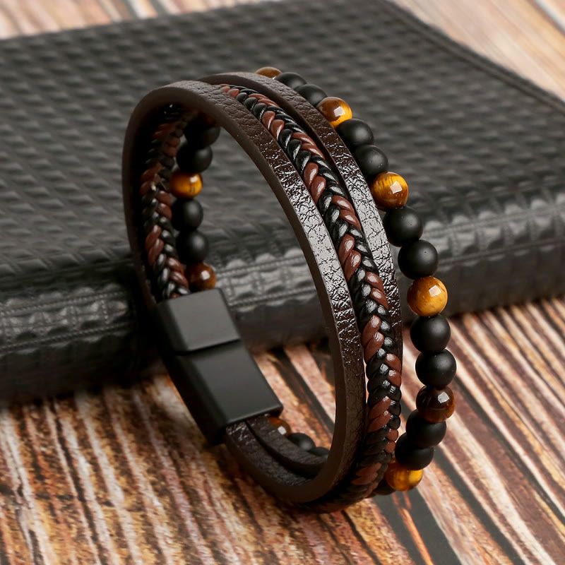 FuAttract Protection Clarity & Wisdom Lapis Lazuli Black Obsidian Braided Leather Bracelet - Coffee - 23cm - image 3