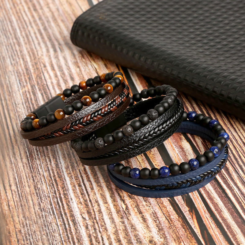FuAttract Protection Clarity & Wisdom Lapis Lazuli Black Obsidian Braided Leather Bracelet - image 1