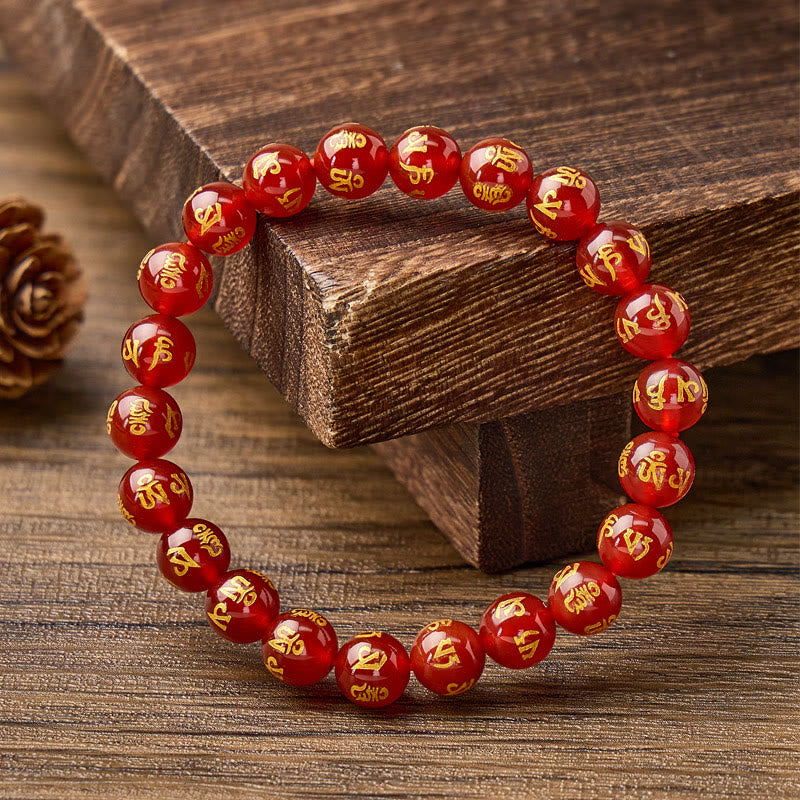 FuAttract Protection Blessing & Harmony Colorful Agate Om Mani Mantra Gold Foil Bracelet - Red Agate - 14mm - image 11
