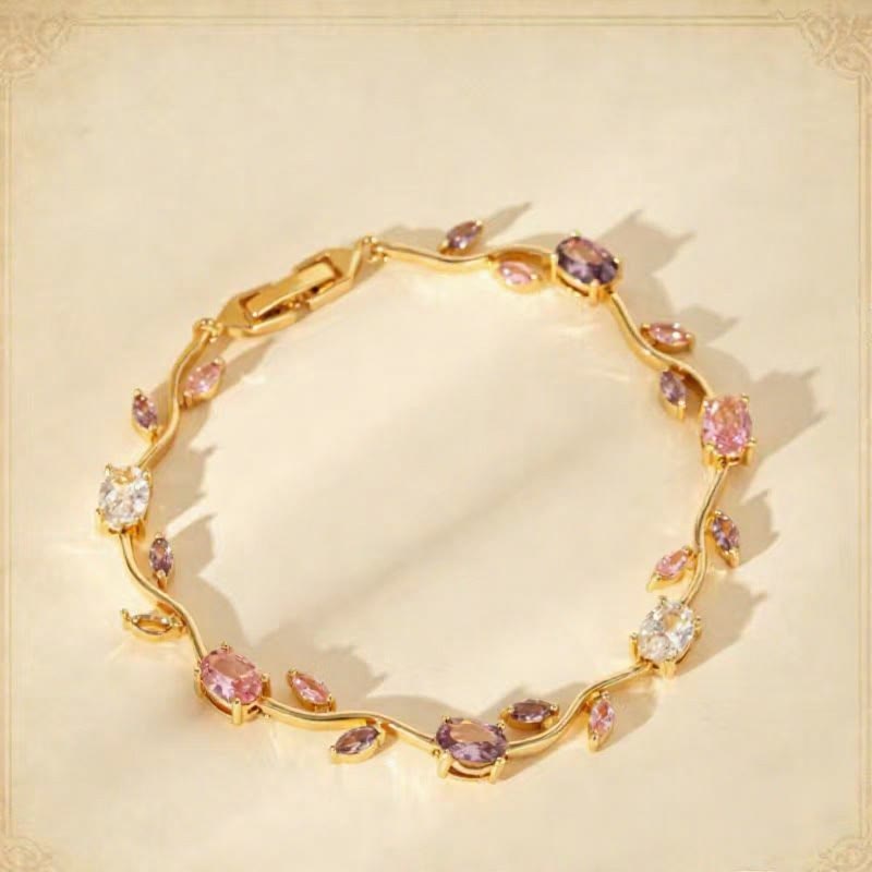 FuAttract Growth Elegance & Vitality Colorful Zircon Alloy Leaf Fashion Bracelet - Pink Purple + Gold - image 17
