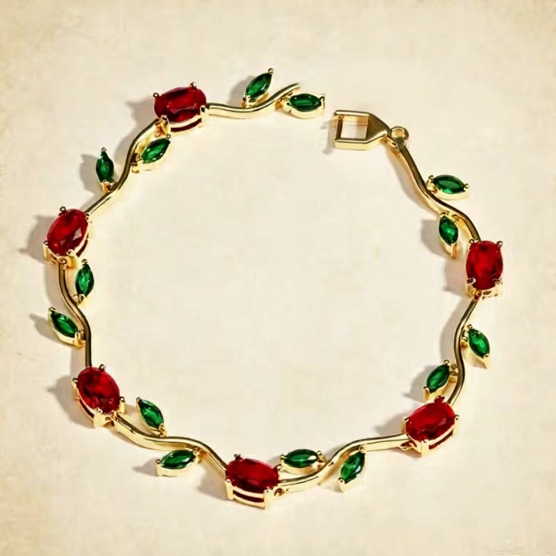 FuAttract Growth Elegance & Vitality Colorful Zircon Alloy Leaf Fashion Bracelet - Red Green + Gold - image 19