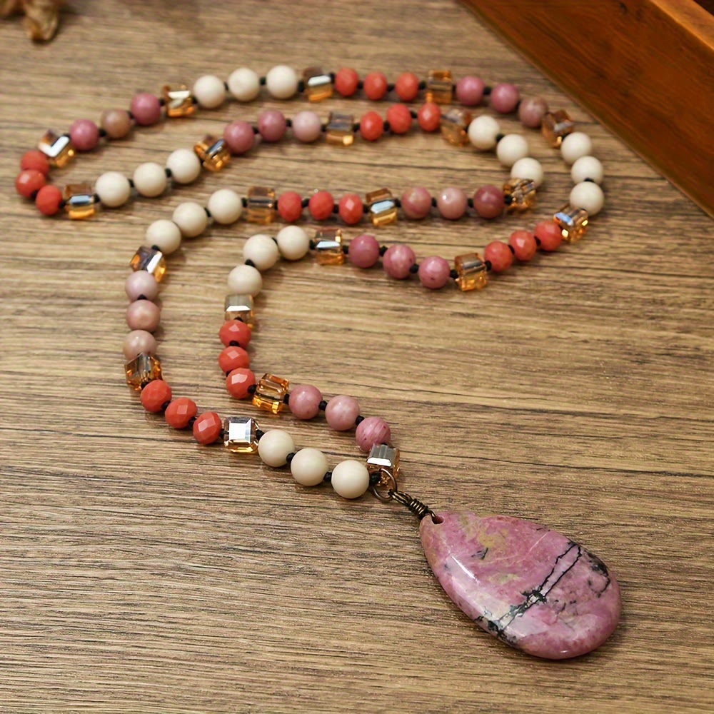 FuAttract Wisdom Clarity & Inner Peace Lapis Lazuli Teardrop Pendant Sweater Necklace - Rhodonite - image 5