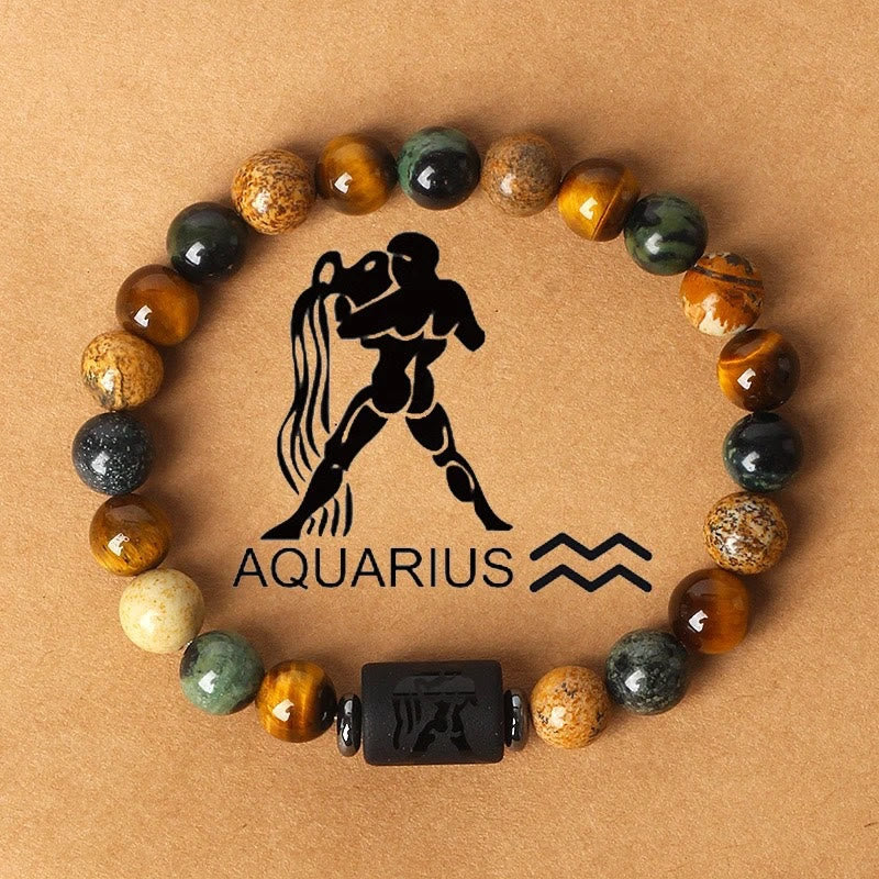 FREE Today: Confidence Balance & Personal Identity Tiger's Eye Picture Jasper Zodiac Signs Bracelet - Aquarius - image 0
