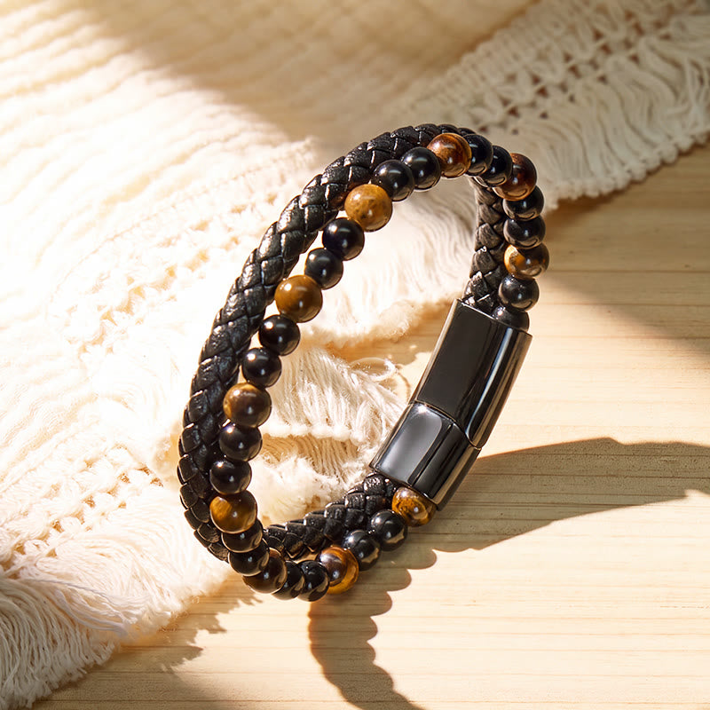 FuAttract Protection Confidence & Success Black Obsidian Tiger's Eye Bead Woven Leather Bracelet - image 1