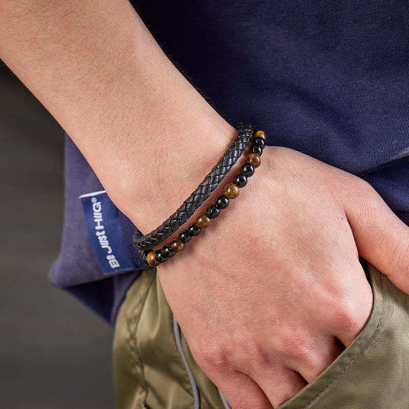 FuAttract Protection Confidence & Success Black Obsidian Tiger's Eye Bead Woven Leather Bracelet - image 3