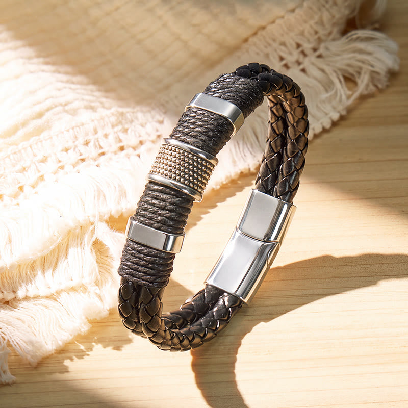 FuAttract Strength & Positive Energy Vintage Double Layer Woven Leather Bracelet - Silver - 23cm - image 0
