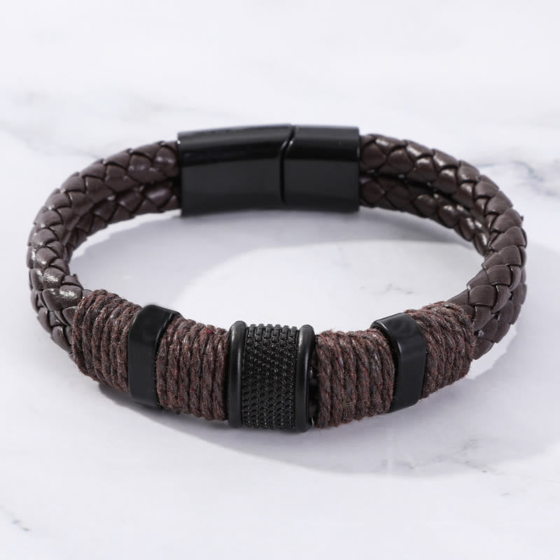 FuAttract Strength & Positive Energy Vintage Double Layer Woven Leather Bracelet - Brown & Black - 23cm - image 8
