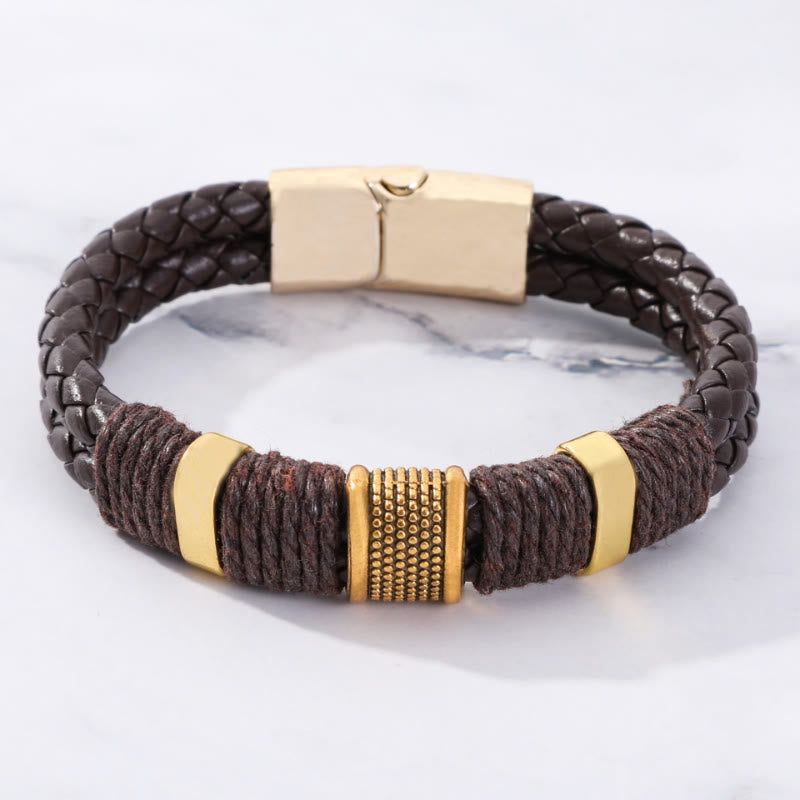 FuAttract Strength & Positive Energy Vintage Double Layer Woven Leather Bracelet - Brown & Gold - 23cm - image 9