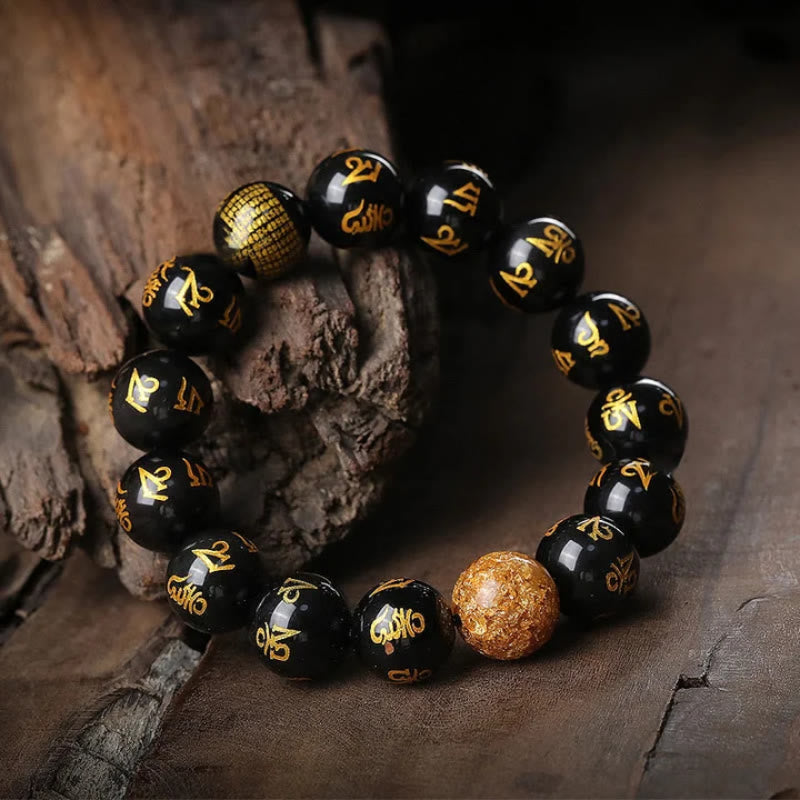 FuAttract Protection Guardian & Buddhist Blessings Gold Foil Om Mani Mantra Black Onyx Energy Bracelet - image 2