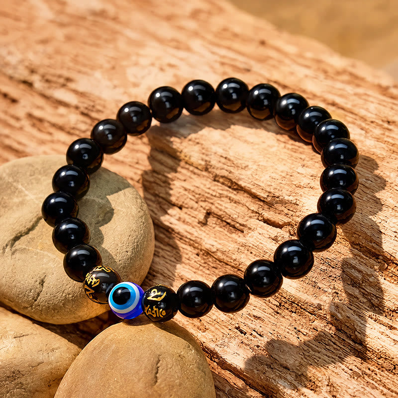 FuAttract Protection Clarity & Inner Strength Evil Eye Six Syllable Om Mani Mantra Black Onyx Bracelet - image 1