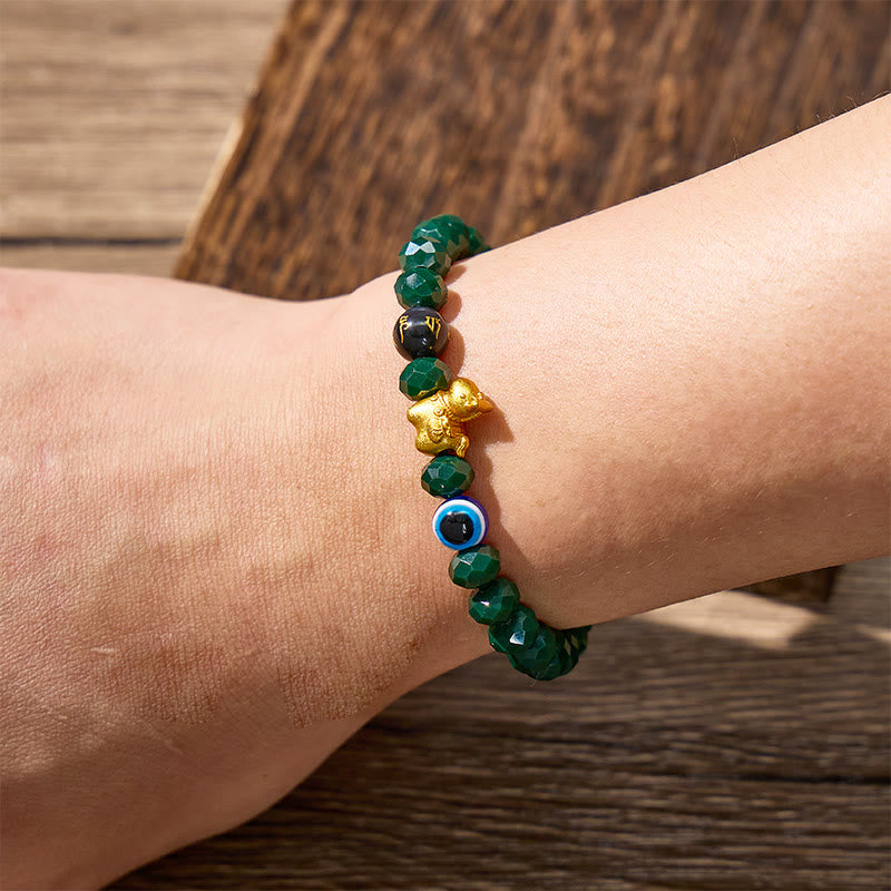 FuAttract Protection Luck & Guardian Energy Golden Horse Evil Eye Om Mani Mantra Green Glaze Faceted Bead Bracelet - image 3