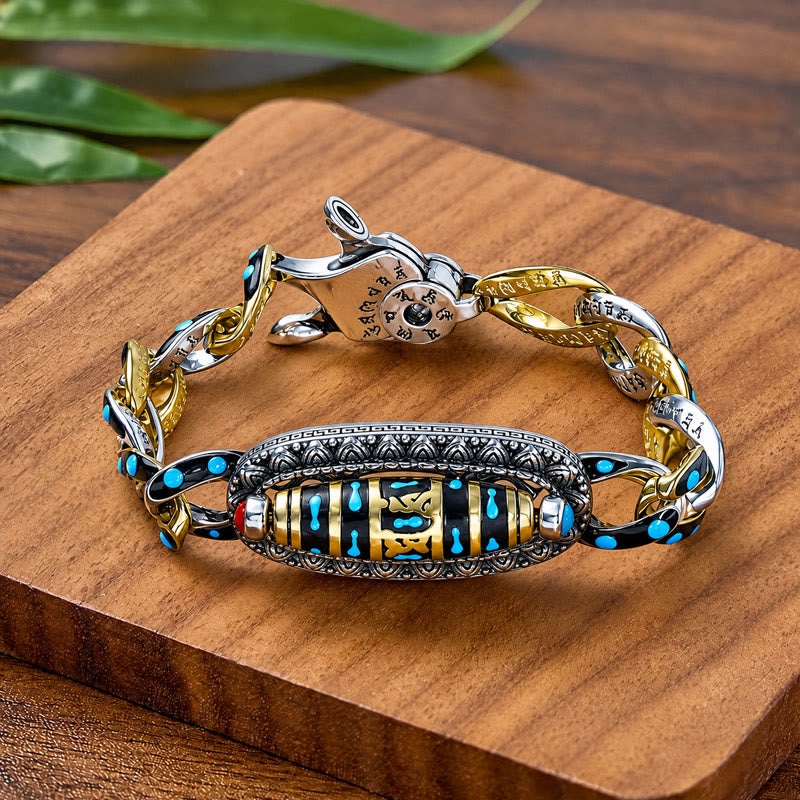 FuAttract Protection Fortune & Prosperity Turquoise Copper Om Mani Mantra Nine Eye Dzi Rotating Bracelet - Om Mani Mantra - 22cm - image 0