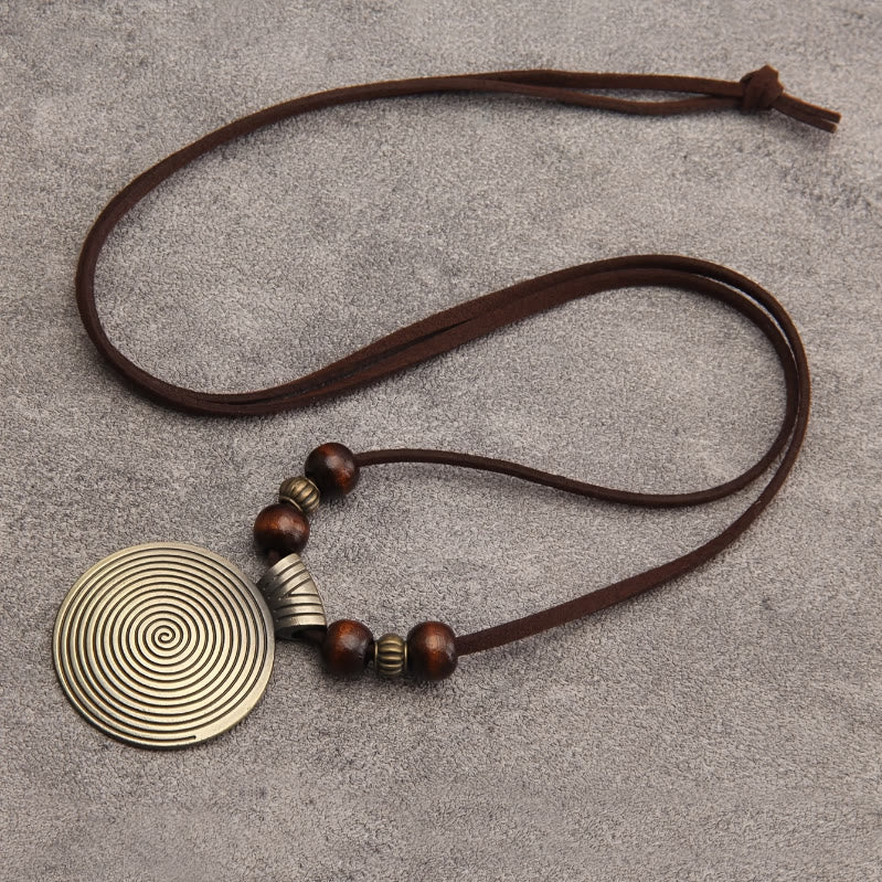 FREE Today: Grounding Harmony & Confidence Vintage Round Pendant Wood Beaded Necklace - Thread - Antique Silver + Brown Beads - image 0