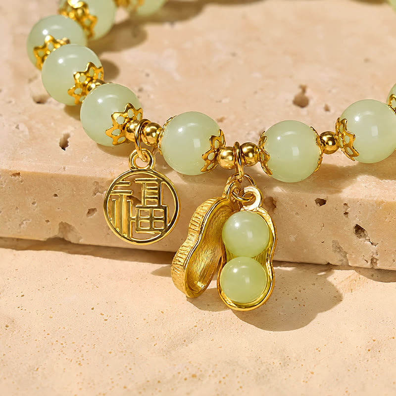 FuAttract Fortune Wealth & Harmony Fu Charm Peanut Pendant Green Glaze Beaded Gold Beads Bracelet - image 4
