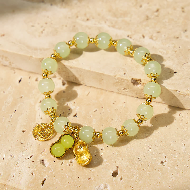 FuAttract Fortune Wealth & Harmony Fu Charm Peanut Pendant Green Glaze Beaded Gold Beads Bracelet - image 2