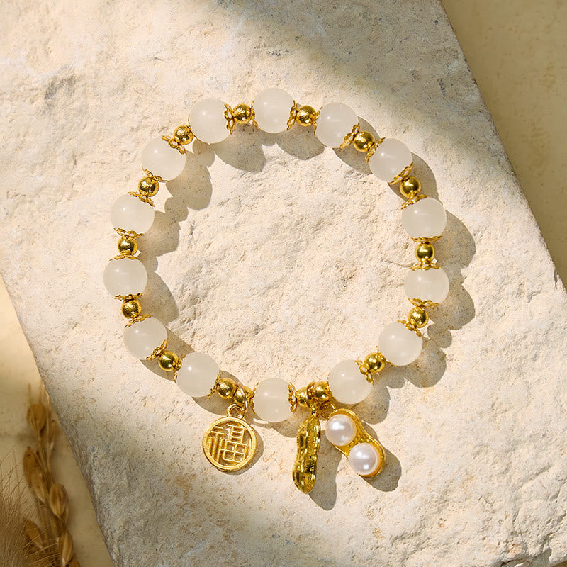 FuAttract Fortune Wealth & Harmony Fu Charm Peanut Pendant Green Glaze Beaded Gold Beads Bracelet - White Peanut - image 7