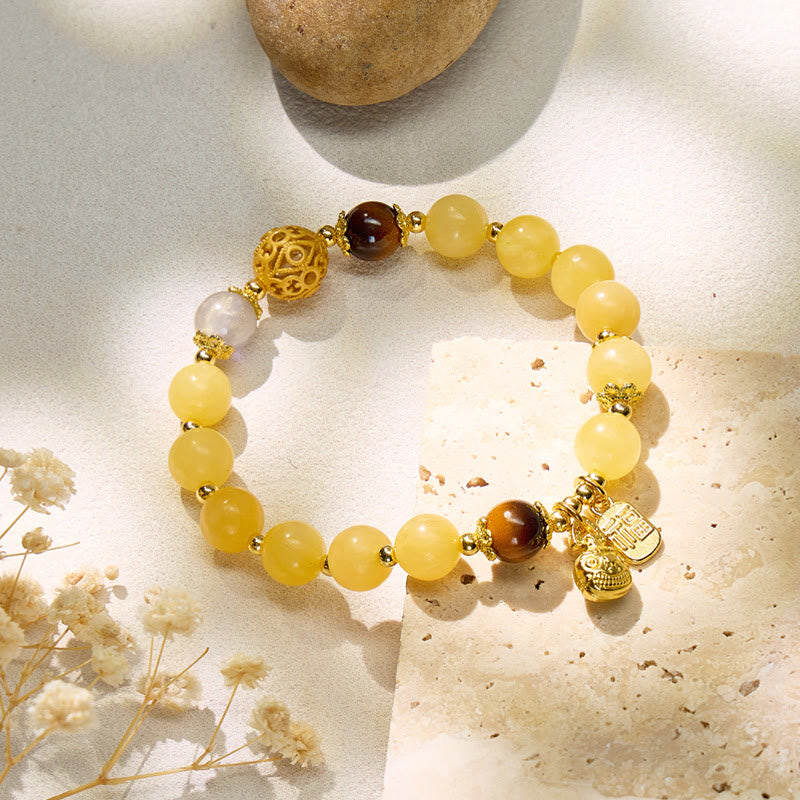 FuAttract Wealth Luck & Harmony Yellow Jade Wealth Beast Linglong Ball Fu Character Plate Bracelet - image 1