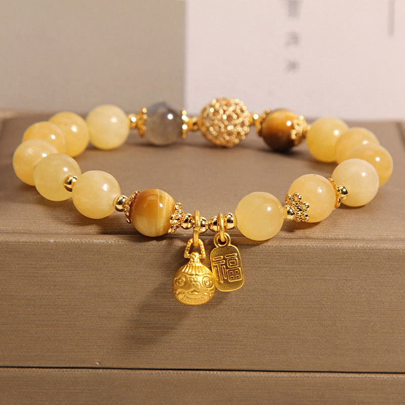 FuAttract Fortune Prosperity & Wealth Yellow Jade Pixiu Fu Character Bracelet - 6.7-7.5in/17-19cm - image 0