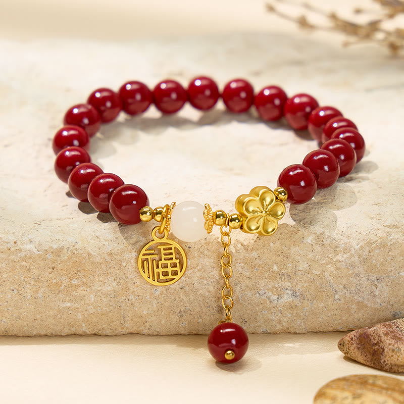 FuAttract Protection & Positive Energy Cinnabar Peach Blossom Fu Character Bracelet - 6.3-7.1in/16-18cm - image 0