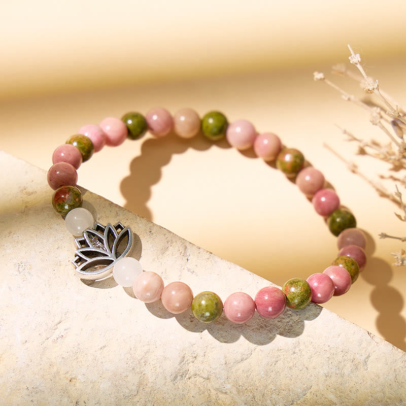 FuAtrract Peace Calm & Purity Unakite Rose Quartz Rhodonite Lotus Bracelet - image 1