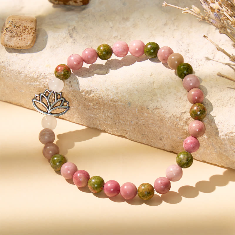 FuAtrract Peace Calm & Purity Unakite Rose Quartz Rhodonite Lotus Bracelet - image 2