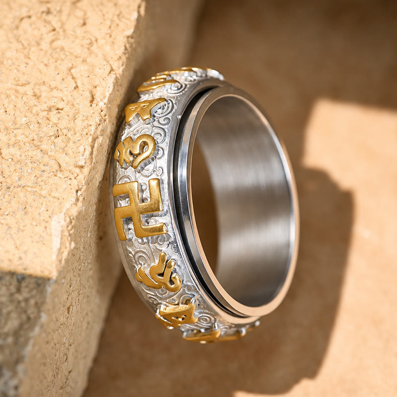 FuAtrract Protection & Inner Strength Om Mani Mantra Titanium Steel Spinner Ring - image 2