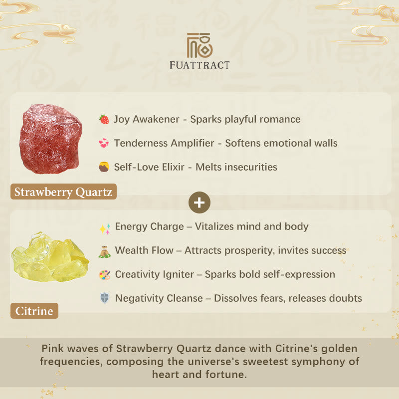 FuAttract Love & Abundance Energy - Strawberry Quartz Citrine FU Character Pixiu Bracelet - image 6